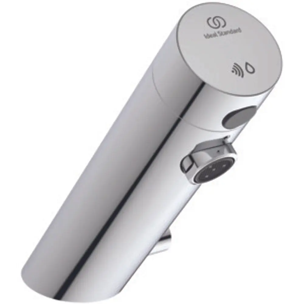 Sensorarmatur aus Chrom von Ideal Standard mit sensorbasierter Steuerung zur Wasserentnahme, schlankes Design und integrierter Mischfunktion.